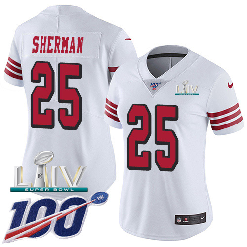 San Francisco 49ers Nike #25 Richard Sherman White Super Bowl LIV 2020 Rush Women Stitched NFL Limited 100th Season Jersey->women nfl jersey->Women Jersey